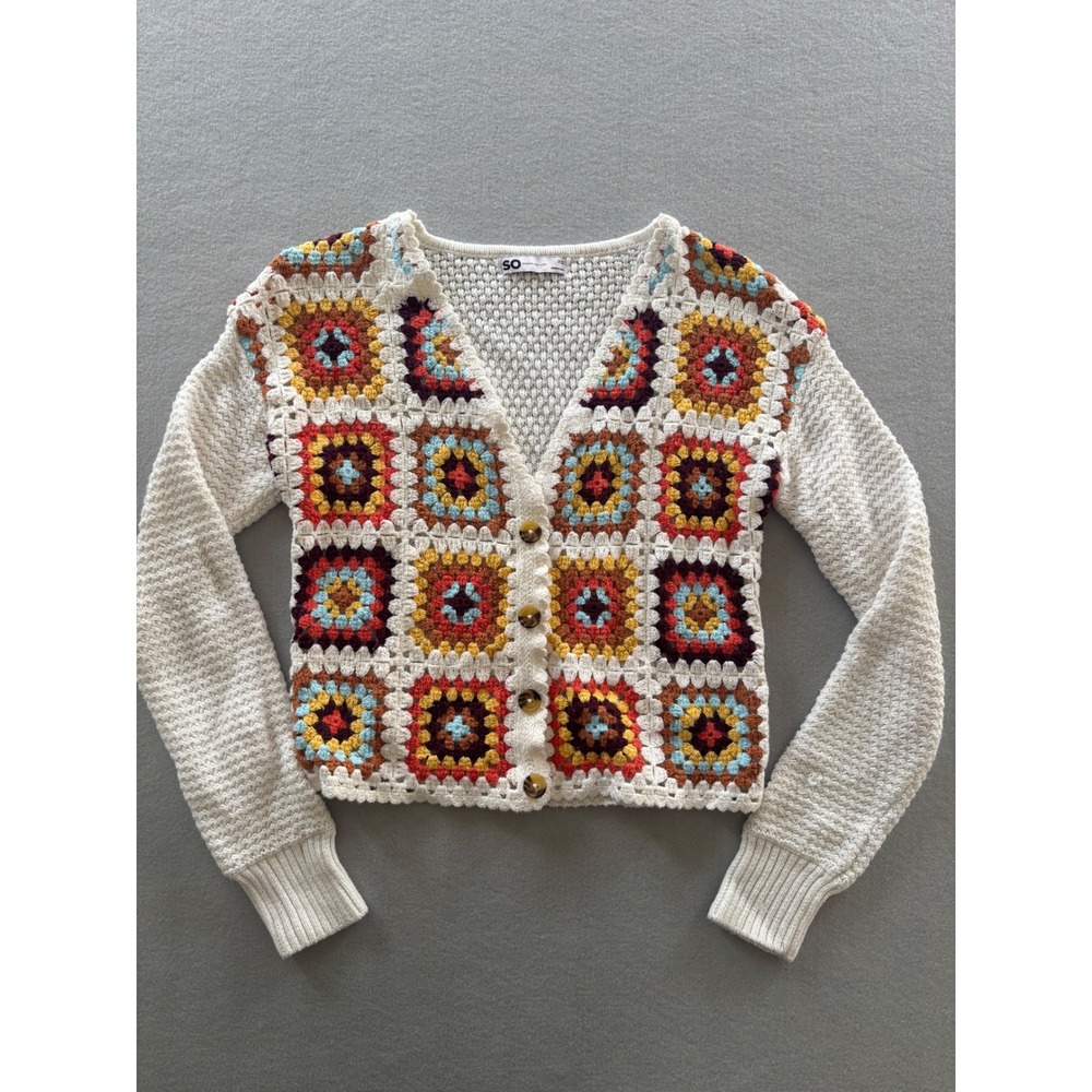 SO Cardigan‎ XS White Multi Granny Square Crochet Boho Button Front Sweater